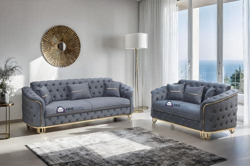 Image of SofaHeaven - Turkish Chesterfield Plush Velvet Fabric 3+2 Seater Sofa - Convert the Back Seats for Extra Space (Grey)