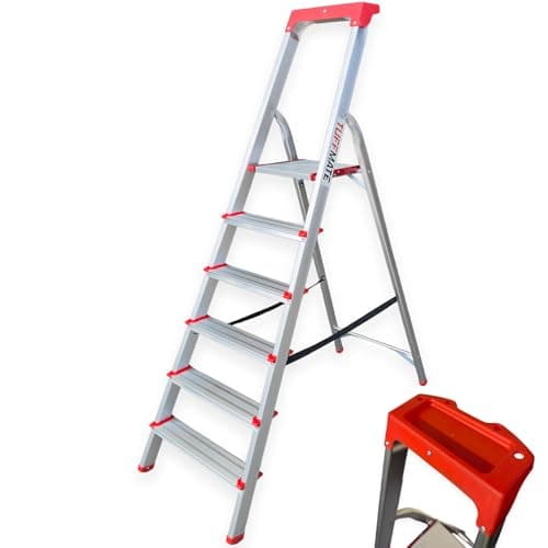 Image of Lightweight Step Ladder 6 Step EN:131 Safety Cert, 150kg Max Load - Compact Aluminium Stepladder with Non-Slip Wide Step, Portable TUFFMATE