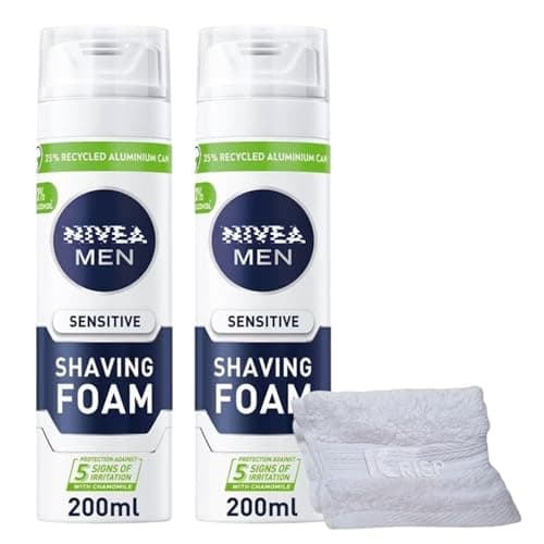 Image of 2 x 200ml Shaving Foam Mousse for Men Sensitive Skin Face Body Soft Clean With Soft Aftershave KRISP Towel