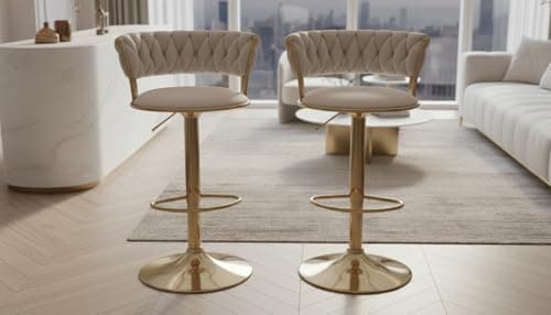 Image of ASR INTERIORS SET OF 2 Bar Stool camellia Velvet Bar Stools Kitchen & Home Breakfast Barstools With Backrest & Footrest (Pack Of 1 Stool) (Cream and Gold) (BS)