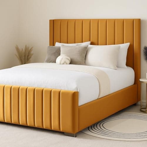 Image of MOORCROFT BEDS 5FT King Fiona Winged Bed Frame With 48" Headboard Upholstered In Mustard Gold Plush Velvet Wooden Slats - No Mattress - No Storage (Mustard Gold, 5FT King - No Mattress - No Storage)