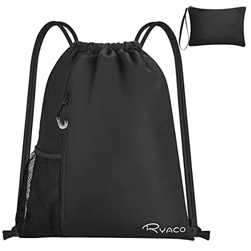 Image of RYACO Waterproof Drawstring Backpack, Swimming Sports Gym Bag, with Outside Zipper Pocket, Water Cup Mesh Packet, Dry and Wet Separation, for School, Sport, Swimming, Travel (Black)