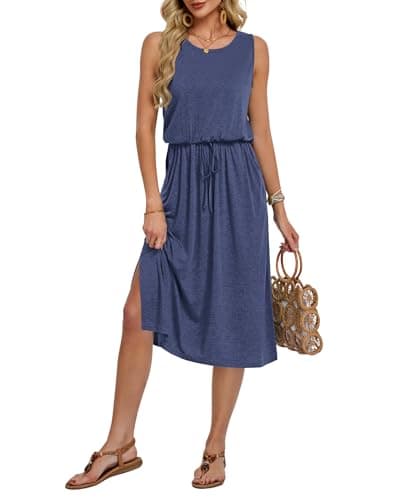 Image of AUSELILY Midi Dresses for Women UK Ladies Summer Dresses Casual Elegant Sleeveless Tie Front Slit Sundress with Pockets Blue S