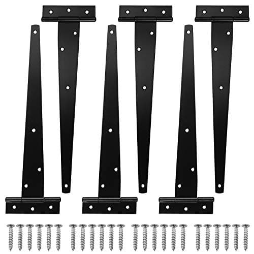 Image of T-Hinge Justech 6PCs 12" Tee Shed Hinge Set T-Strap Hinges Black Forged Metal Iron Gate Door Barn Hardware with Screws