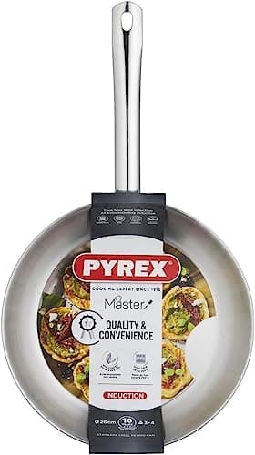 Image of Pyrex Frying Pan Master Stainless Steel for Induction, Electric, Gas and Ceramic Glass Hobs, Cookware, Kitchen (24cm Pyrex Master Frying Pan), MX24BFX/HDL, Silver