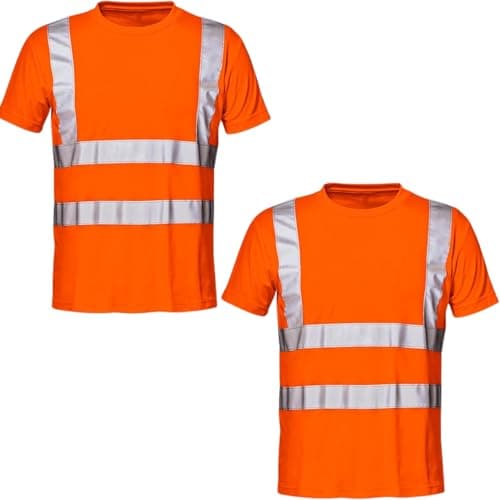 Image of NIYS Pack of 2 Hi Vis Safety T-Shirt for Men – High Visibility Short Sleeve Work Shirt with Reflective Tape – Lightweight, Breathable Workwear – Yellow/Orange/Navy, S-3XL (Orange, XXL)