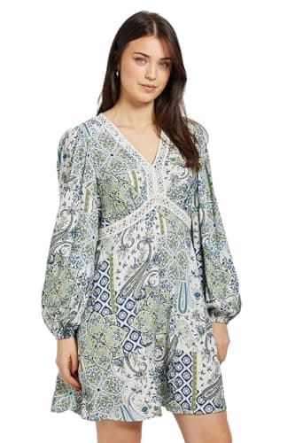 Image of Dorothy Perkins Paisley Lace Trim Long Sleeve Printed Mini Dress, 16, Green