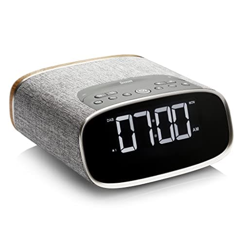 Image of VQ Lark DAB Radio Alarm Clock and DAB+ Digital FM Radio Mains Powered with LCD Display, Dual Alarm Clock Radio for Bedside with Bluetooth Speaker, Aux, Dual USB for Smart Phone Charging – Grey & Oak