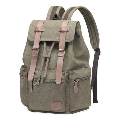 Image of DTGN Vintage Canvas Backpack for Men & Women, Durable Casual Daypack with Leather Accent, Fits for College, Work, Travel, & Outdoor, Green