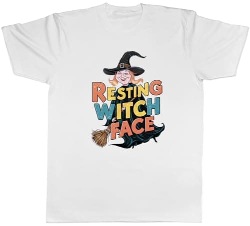 Image of Shopagift Resting Face Witch Mens T-Shirt Halloween Costume Witch on Broom Tee White