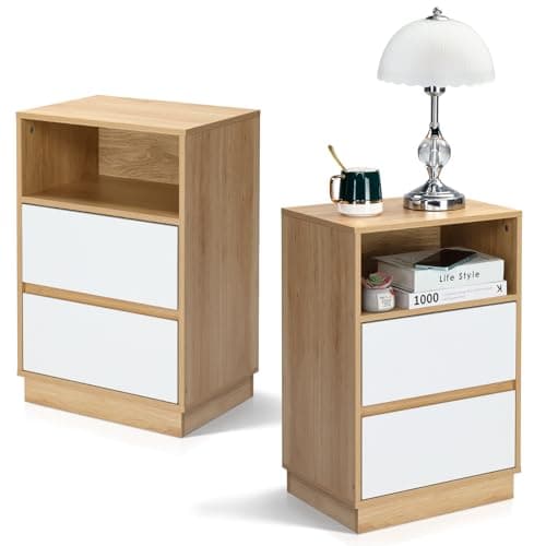 Image of Karl home Bedside Table, Set of 2 Side End Table Nightstand with 2 Drawers, Open Storage Shelf, Wooden Modern Night Stand for Living Room, Bedroom, Study, Small Spaces (Oak & White)