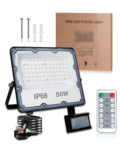 Image of TobeBright Security Lights Outdoor Motion Sensor 50W, 5000LM 6500K PIR Sensor Security Light with Remote Control, LED Outdoor Floodlight Mains Powered with UK Plug 2M Wire for Garden, Backyard