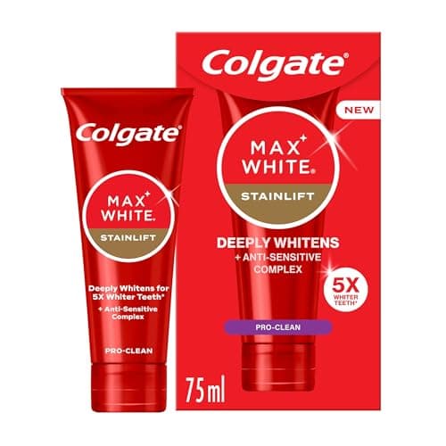Image of Colgate Max White Stainlift Pro Clean Toothpaste 75ml - 5X Whiter Teeth* in 3 Days - Sensitive Teeth whitening Toothpaste - 24/7 Protection for Sensitive Teeth and Enamel - removes deep-Set Stains.