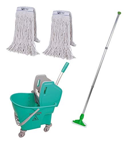 Image of Abbey Professional Heavy Duty Kentucky Mop Handle and Bucket with two 450g Kentucky Mop Heads – Commercial Mop and Bucket Set for Cleaning Hard Floors - Kentucky Mop Bucket 25L – Green