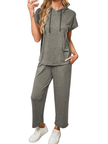 Image of Famulily Women Tracksuit Sets Solid Color 2 Piece Set Drawstring Hoodie & Wide Leg Crop Pants with Pockets Grey Coffee M