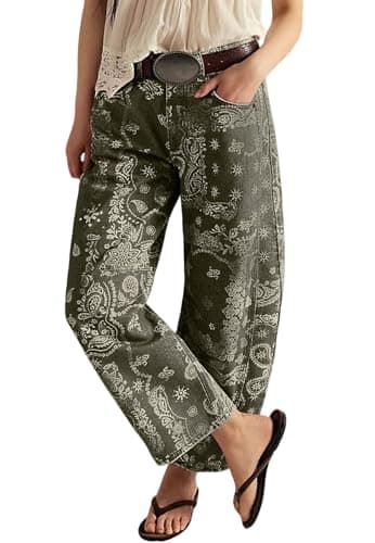 Image of loveimgs Women Boyfriend Baggy Barrel Jeans Floral Print Denim Ankle Pants Wide Leg Mid Rise Jeans Sweatpants Y2k Patchwork, Green, Large
