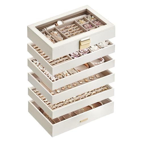 Image of SONGMICS GISELLA Collection - Stackable Jewellery Trays, 6-Tier Large Jewellery Box Case with Glass Lid, for Dressing Table, Gift Idea, Cloud White, 17 x 28 x 25.3 cm JBC195W01