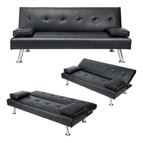 Image of CROWNSHOP 3 Seater Sofas Modern Sofa Beds with Upholstered Convertible Sofas & Couches Couch Adjustable Angle Sofas with Metal Legs for Living Room/Spare Room/Guest Room Black PU Leather