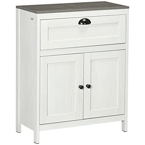 Image of kleankin Bathroom Floor Cabinet, Freestanding Storage Cupboard with Drawer, Double Door Cabinet and Adjustable Shelf, White