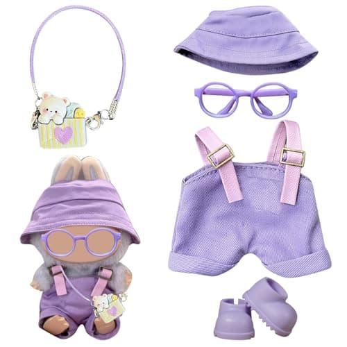 Image of EDLMKM 5 Pcs Doll Clothes for 17cm Plush Dolls, Strap Pants Cute Plush Clothes for 17cm Doll Boy and Girl for Best Gifts, Purple (No Doll)