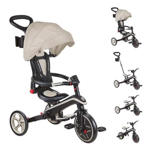 Image of Globber Foldable Explorer Trike and Balance Bike 4 in 1 with Adjustable Canopy - Parental Steering Handle - Cup and Phone Holder - Safety Harness - 10 Months to 5 Years - 2 Year Warranty (Taupe)