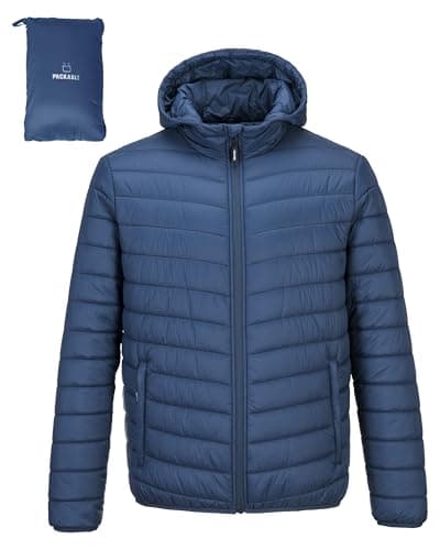 Image of Outdoor Ventures Mens Puffer Jacket Lightweight Water Resistant Hooded Jacket Insulated Puffy Coat Winter Packable Men's Jacket with Pockets for Hiking Camping Travelling Navy Blue L