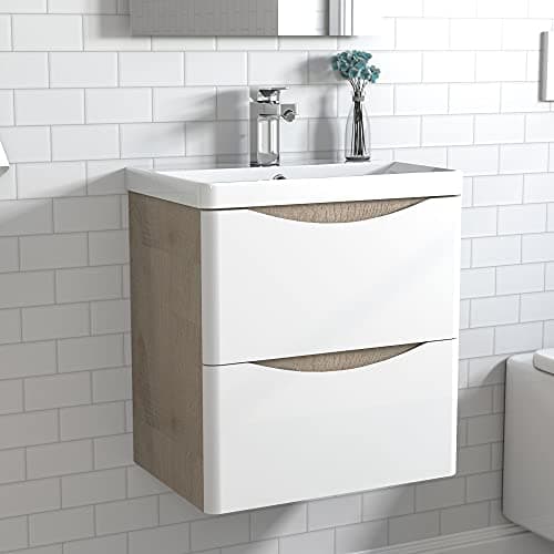 Image of Acezanble 500mm Bathroom Vanity Unit with Basin Cloakroom Sink Unit Wall Hung Two Drawers Oak