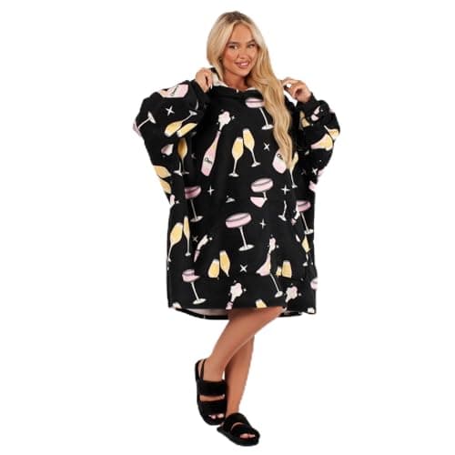 Image of OHS Champagne Hoodie Blanket Black, Christmas Snuggle Hoodie Sherpa Fleece Winter Warm Soft Fluffy Oversized Blanket Hoodie for Women, One Size