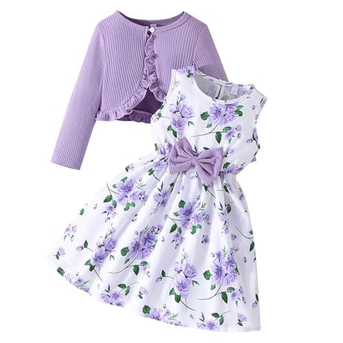 Image of Adixun Girl Dress Toddler Long Sleeve Dresses A-line Floral Casual Party Dress with Cardigan Sets for Little Big Kids(3-4 Years,Purple)