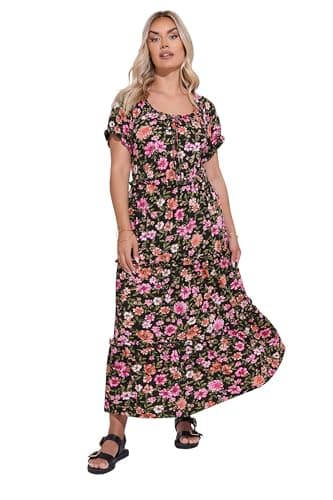Image of Yours Curve Floral Tiered Frill Maxi Dress - Women's - Plus Size Curve Black