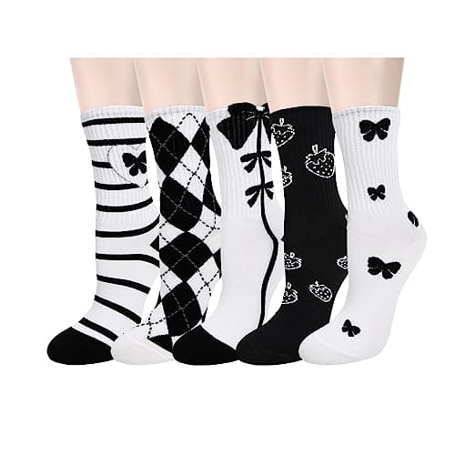 Image of Benefeet Sox Womens Funny Crew Socks Girls Cute Patterned Dress Socks Cotton Funky High Ankle Socks Athletic Mid-calf Socks, 5 Pair-black White Bow Strawberry Argyle Stripe, One size