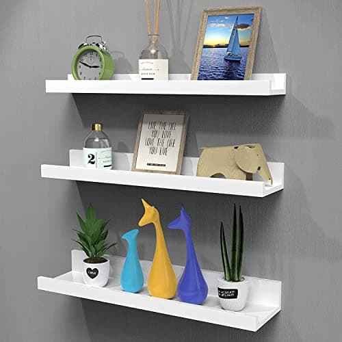 Image of Nunemosk Set of 3 Floating Shelves Wood Wall Mounted Shelf Picture Ledge Display Racks Spice Racks Decorative Wall Shelves for Bedroom Living Room Kitchen Home Office (White Shelves)