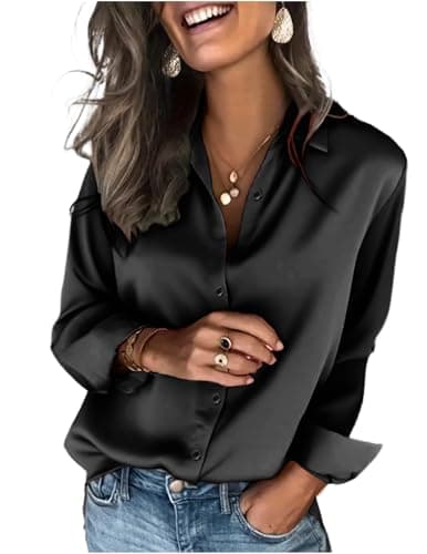 Image of Zeagoo Women's Satin Blouses Soft Elegant V Neck Blouse Button Down Long Sleeve Shirts Casual Office Work Tops Black XL