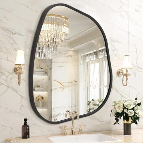 Image of HLFMVWE Black Irregular Bathroom Wall Mirror, Aluminum Alloy Frame Asymmetrical Decor Mirrors Brushed Metal Vanity Wall Mounted Mirror for LivingRoom Bedroom Room Home Large 40x50 CM
