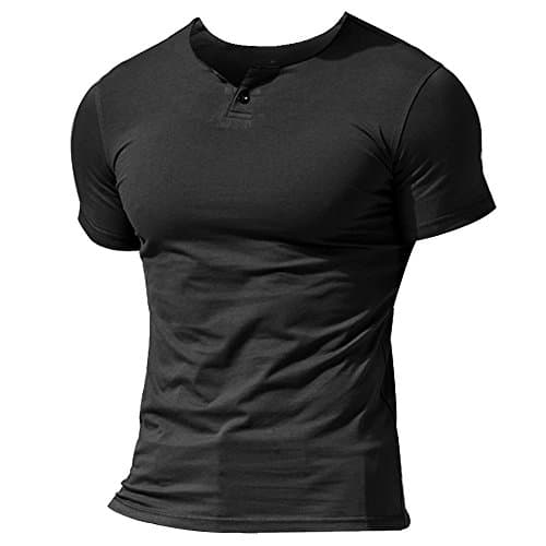 Image of Men Summer Casual Short Sleeve Henleys T-Shirt Single Button Placket Plain v Neck Shirts Cotton Style A Black M