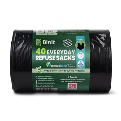 Image of BIN IT 40 Tie Top, Everyday Refuse Sacks, Bin Bags, Bin Liners, 70 Litre, Recycled, Strong, Tear Resistant, 30 μm, Perfect for Every Day Use, Household, Office, Kitchen & Caterers