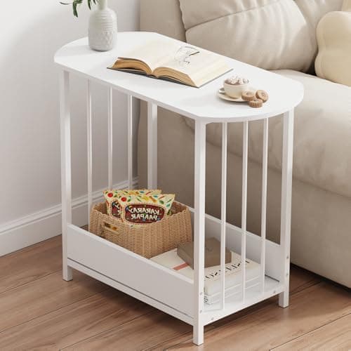 Image of Rainbow Tree 2-Tier Sofa Side End Table with Storage, Coffee Table for Living Room, Modern End Table Bedside Tables Wooden with Metal Frame (2-Tier Oval White)