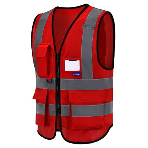 Image of Red high vis vest high viz Class 2 hi vis Zipper Front High Visibility vest Hi Vis Executive Vest Waistcoat with Phone & ID Pockets