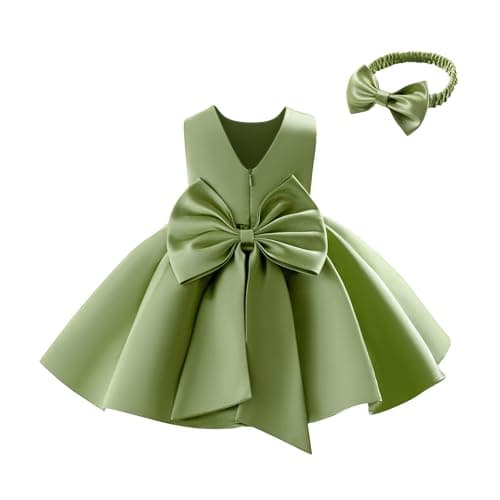 Image of Miipat Baby Girls Party Dress Satin Flower Girl Dress Wedding Bowknot V-Back Toddler Princess Birthday Dresses Kids Pageant Formal Bridesmaid Gown(Green 100 2-3 Years)