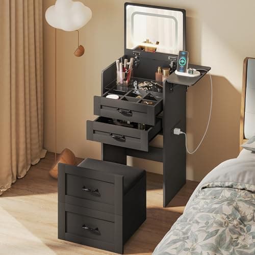 Image of YOSHOOT Dressing Table with Flip-top Mirror LED Lights Socket Strip, Small Dressing Table, Compact Vanity Desk Set with Fold-up Panel, Cushioned Storage Stool for Bedroom, 50 * 40 * 90cm (Black)