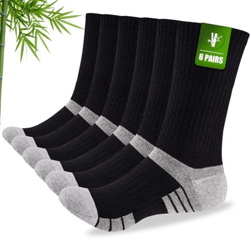 Image of Stoeury Mens Bamboo Socks, Wicking Breathable Cushioned Sports Socks for Hiking Walking Athletics Working Running Trekking Cycling, Men Women, Outdoor Anti Blister Crew Seamless Sock Gifts 6 Pairs