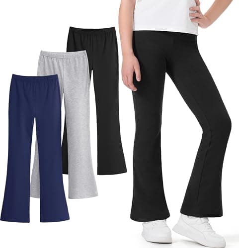 Image of Auranso Girls Flared Leggings Kids Cotton Dance Yoga Bell Bottoms Athletic Pants, Black/Grey/Navy, 11-12 Years