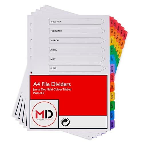 Image of A4 Jan-Dec File Dividers with Coloured Monthly Index Tabs - Multi Hole Punched and Reinforced Subject Divider - Pack of 5