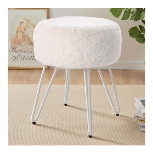 Image of INMOZATA Upholstered Footstool Round Fluffy Small Footstools Faux Fur Foot Stool Ottoman Pouffe with Metal Legs for Bedroom Living Room White