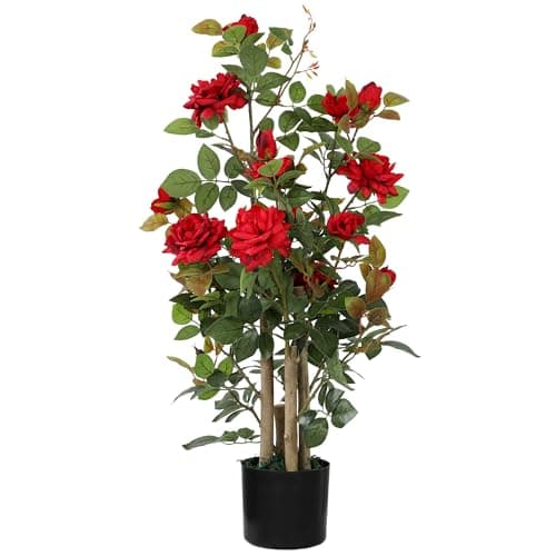 Image of HOMCOM 90cm Artificial Rose Tree, Decorative Fake Plant with 344 Silk Leaves and 17 Flowers, UV-Resistant Faux Tree for Outdoor Indoor Garden Porch Decor, Red