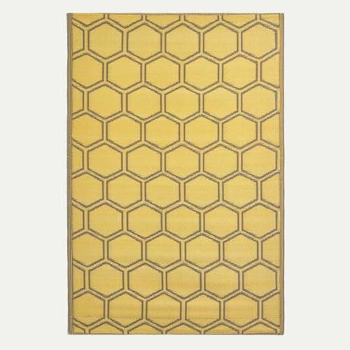 Image of HOMESCAPES Yellow Outdoor Rug for Garden or Patio 100% Recycled Plastic 182 x 122 cm Lightweight Waterproof Garden Rug Honeycomb Geometric Design Woven Floor Mat for Indoor & Outdoor Use