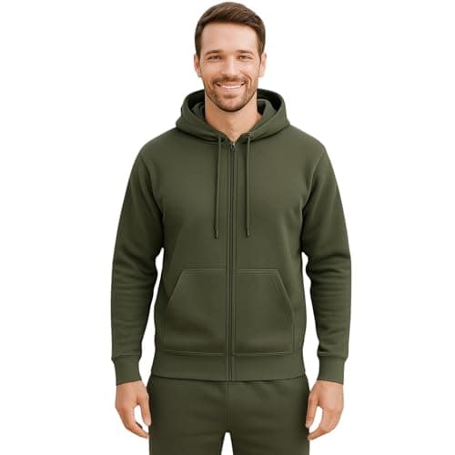 Image of Urban Road Men’s Plain Fleece Zip Hoodie – Full Zip Hooded Sweatshirt with Pockets, 50/50 Cotton Polyester, Casual & Workwear, Regular & Plus Sizes Military Green