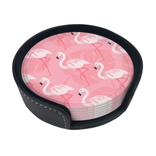 Image of Round Coasters Set â€“ 6 Pcs Summer Flamingo Palm Leaves Print Leather Drink Coasters for Home, Kitchen, Bar, Office â€“ Protective Cup Mats