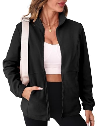 Image of IECCP Womens Fleece Jackets Sport Ladies Lightweight Full Zip Coat Soft Touch Warm Sweater Top for Outdoor Sport (Black,16-18)