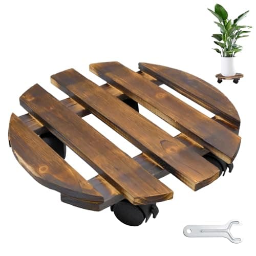 Image of AMJKEJI Plant Caddy with Wheels 30cm Wooden Plant Pot Trolley on Wheels Heavy Duty Round Plant Stand with Metal Lockable Casters Plant Pot Stand for Indoor Outdoor Garden Flower Pot